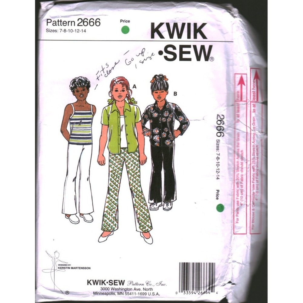 Kwik Sew 2666 Girls‎ Pants Blouse Camisole Sewing Pattern Size 7-8 CUT Vintage